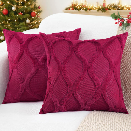 decorUhome Throw Pillow Covers 18x18 Inch Set of 2, Soft Plush Faux Fur Wool Burgundy Couch Pillow Covers, Decorative Neutral Pillow Cases for Bed Sofa Living Room Home Decor