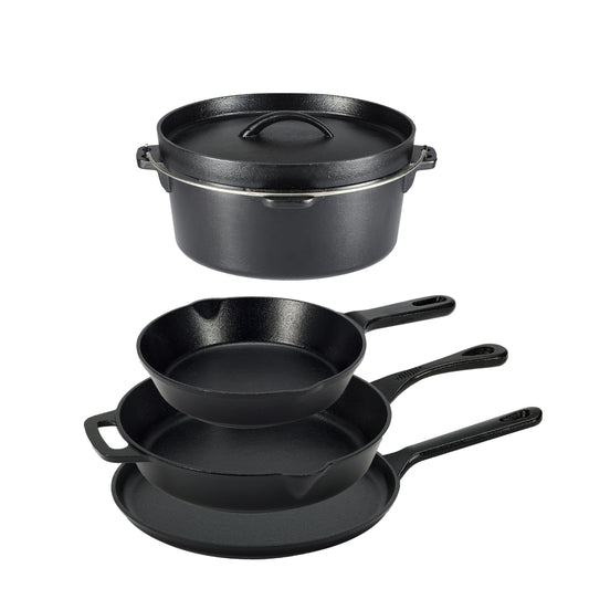 Amazon Basics Pre-Seasoned Cast Iron 5 Pieces Kitchen Pots and Pans Cookware Set, Black, 14.17 x 12.2 x 10.63 in