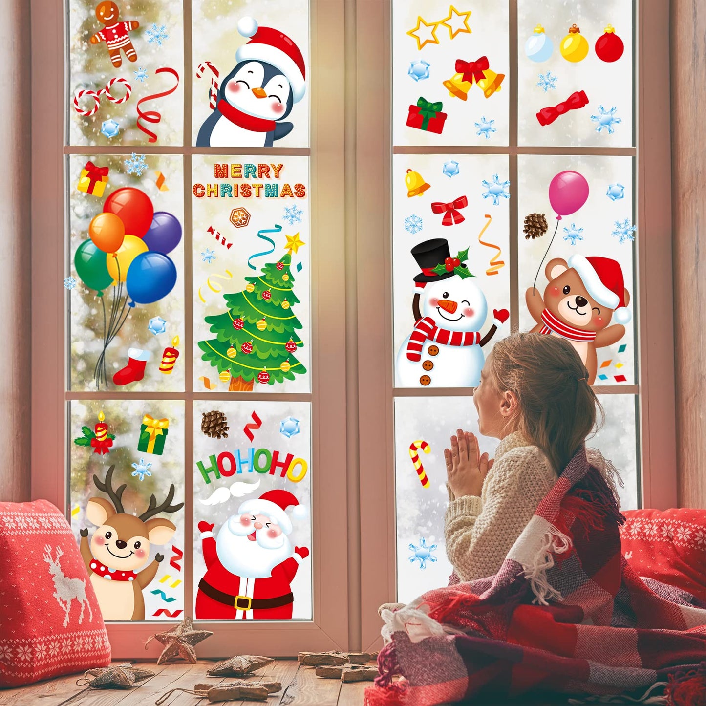 Christmas Window Clings 9 Sheets Christmas Window Stickers Santa Snowman Reindeer Xmas Snowflake Merry Christmas Window Clings, Double-Side Window Decals for Party Decorations Home School Glass