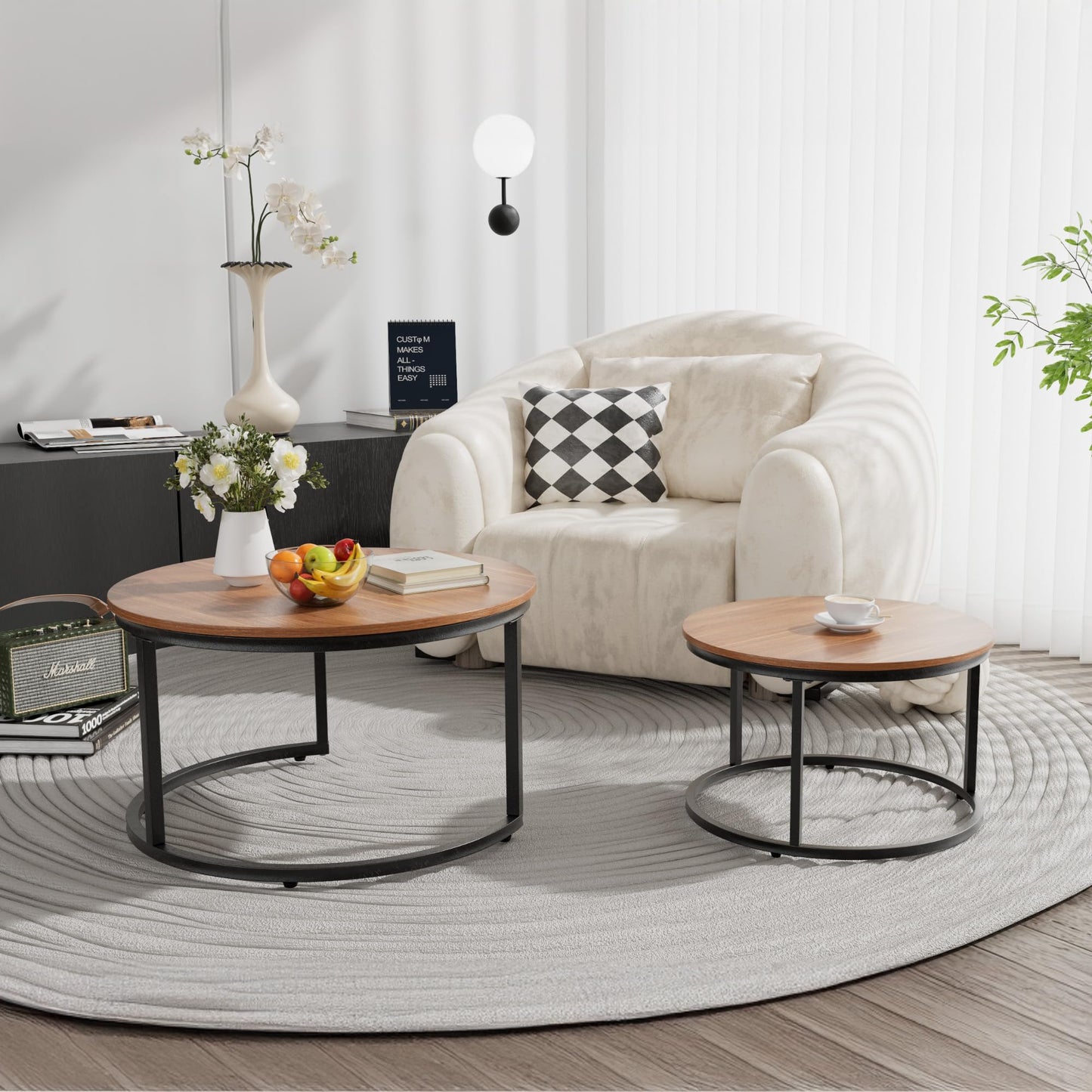 Otterease Nesting Tables Set of 2, 31.5" Round Coffee Table, Small Nesting Coffee Table with Adjustable Non-Slip Fee, Wood Grain Top Nesting Tables for Living Room, Bedroom (Wood Grain Brown)