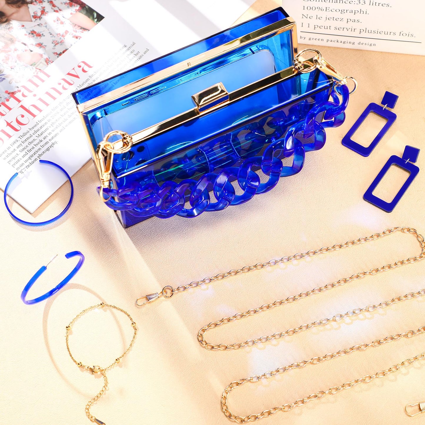 Jadive 4 Pcs Women Acrylic Hand Purse Clear Clutch Evening Bag Retro Earring Bracelet Jewelry Set Neon Vintage Wedding Gift(Blue)