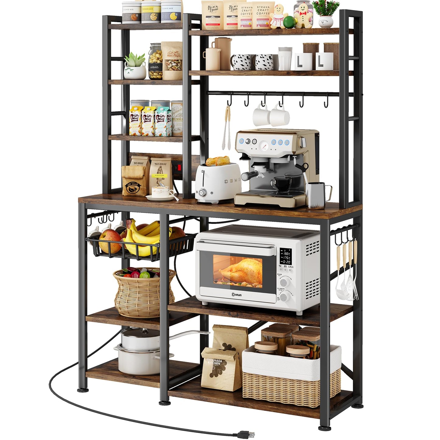 Baker Rack with Power Outlet - Microwave Stand with Storage, Large Coffee Bar Station with 14 Hooks, Metal Kitchen Shelf Rack for Spices, Pots (Rustic Brown)
