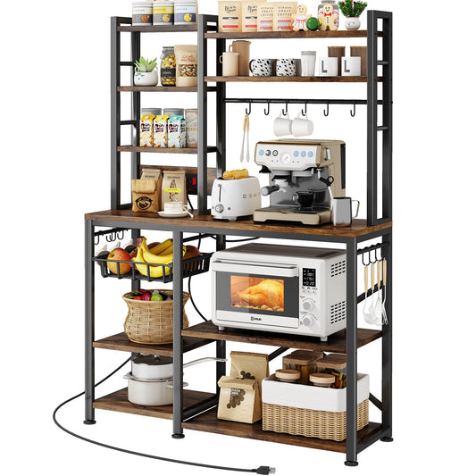 Baker Rack with Power Outlet - Microwave Stand with Storage, Large Coffee Bar Station with 14 Hooks, Metal Kitchen Shelf Rack for Spices, Pots (Rustic Brown)