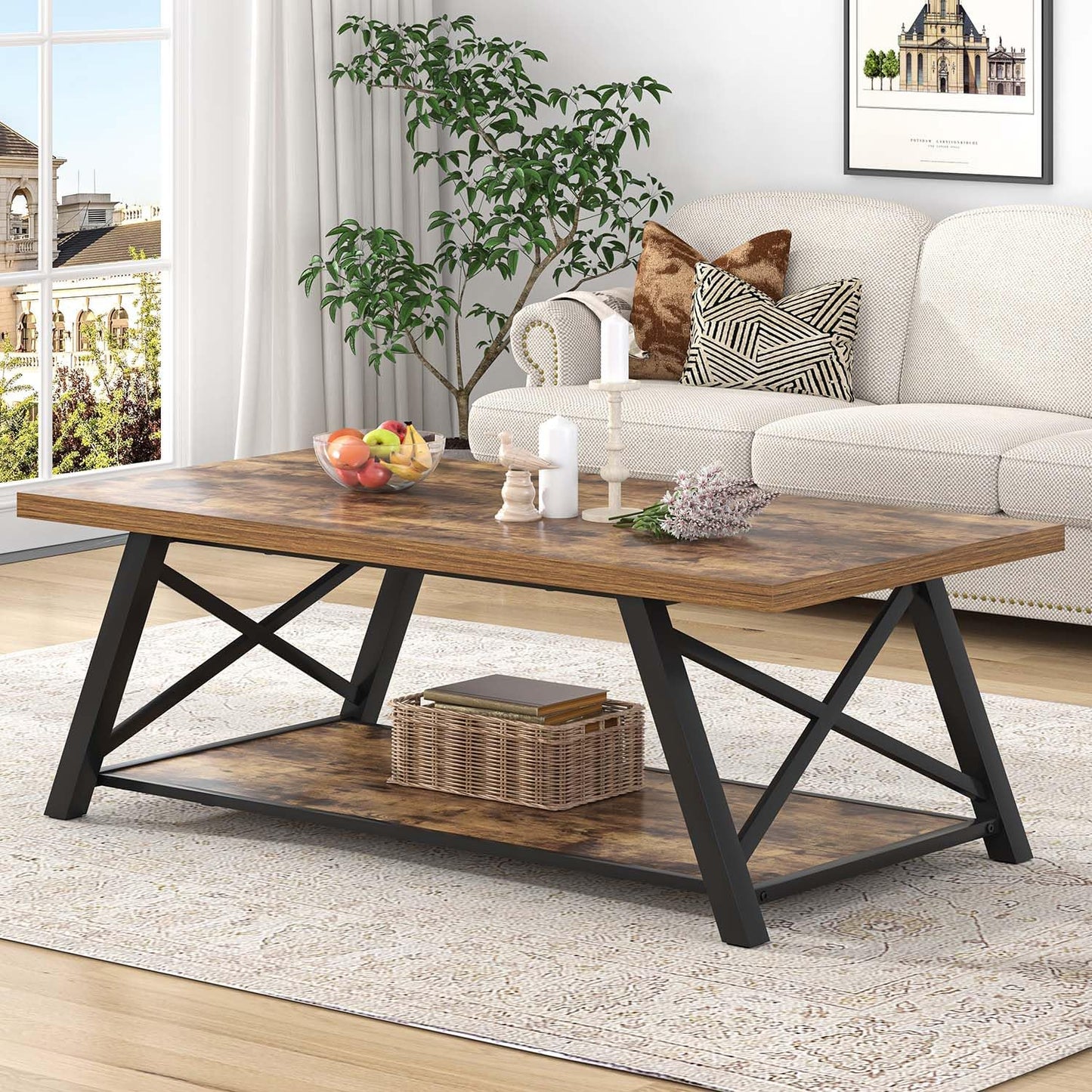 EXCEFUR Modern Coffee Table, Wood and Metal Living Room Center Table with Storage Shelf, Industrial Rectangle Cocktail Tea Table, Rustic Brown, 47 Inch