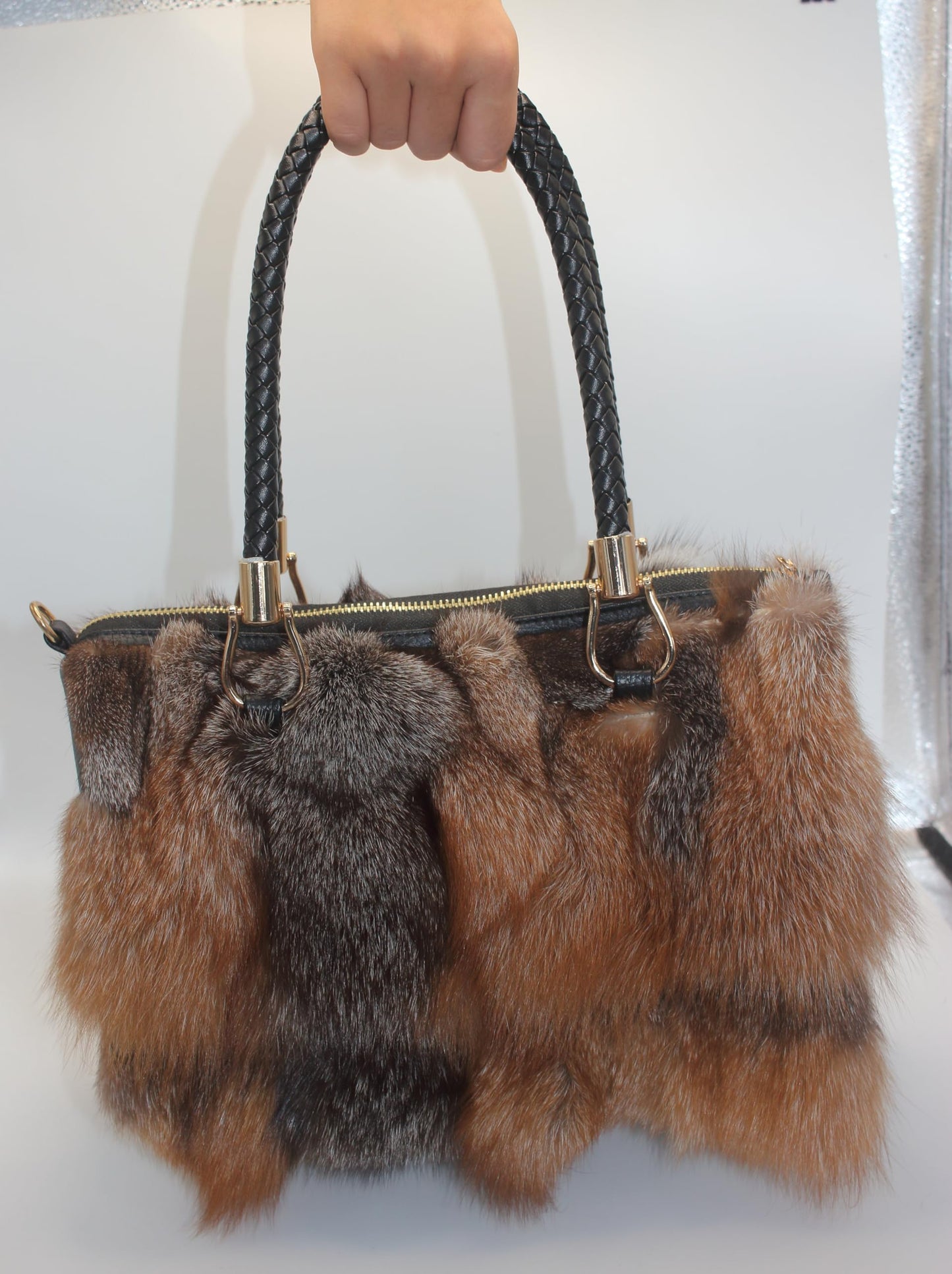 Fosrion Luxury Real Fox Fur Handbag For Women Ladies Furry Shoulder Bag (Fire)