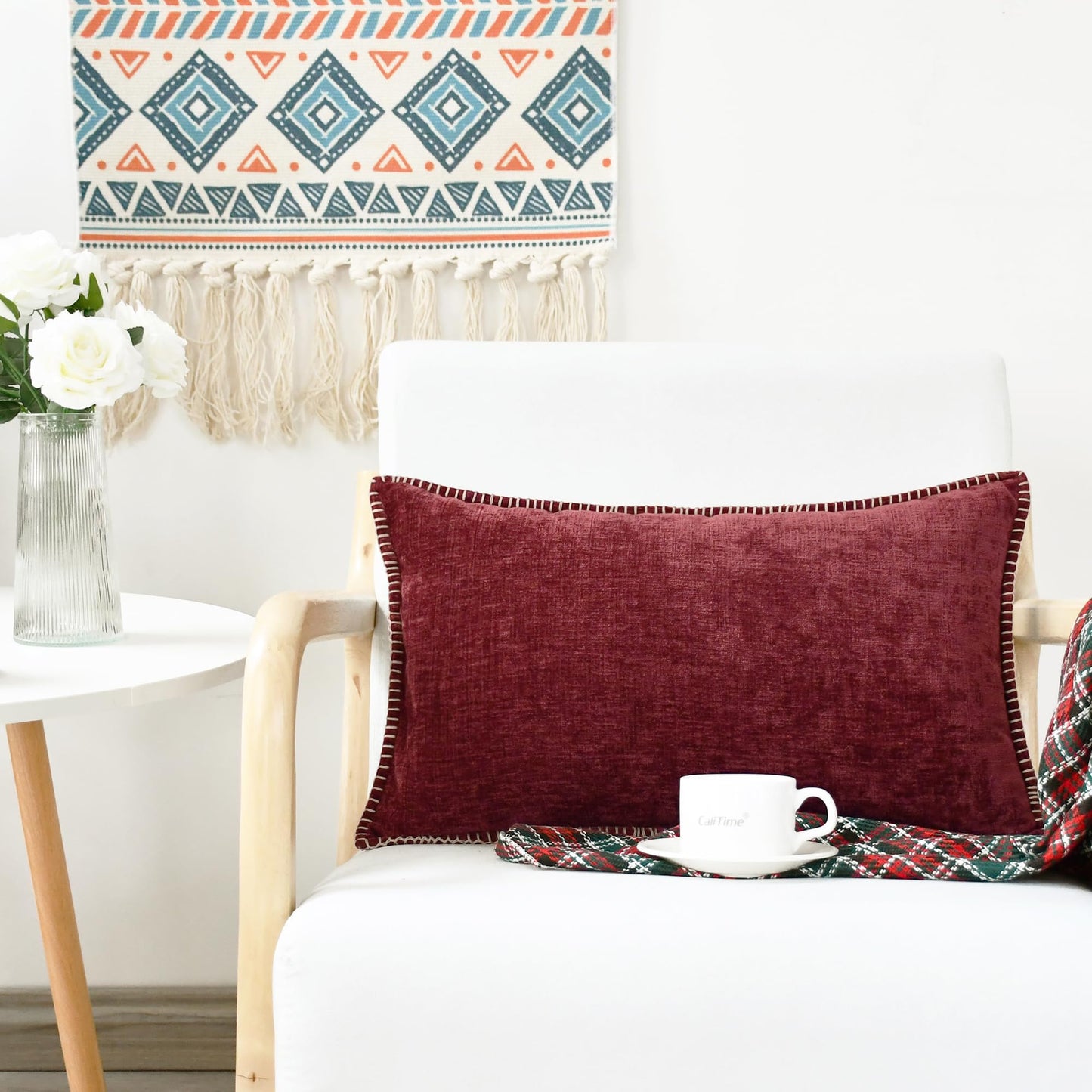 CaliTime Throw Pillow Covers Decorative 12 X 20 Inches Pack of 2 Cotton Thread Stitching Edges Solid Dyed Soft Chenille Cushion Cases for Couch Sofa Bed Living Room Farmhouse Burgundy