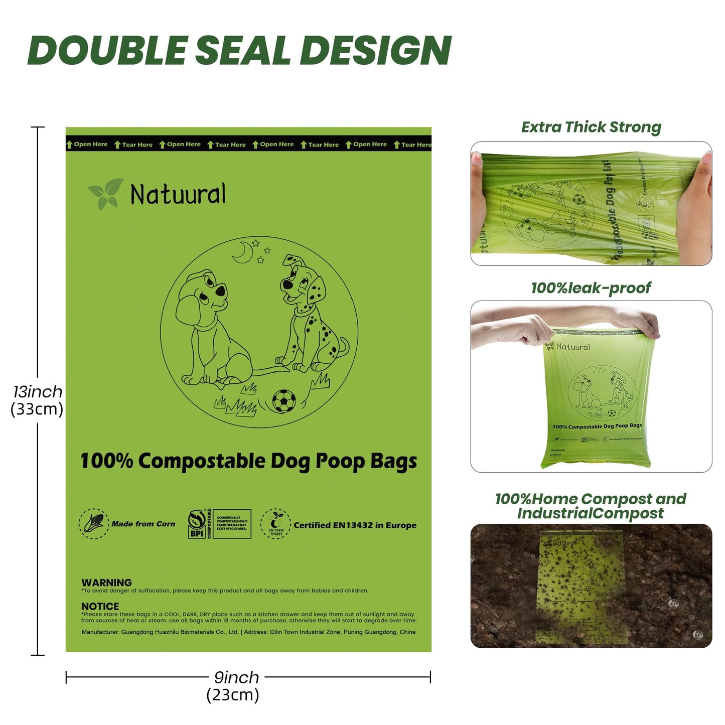 Certified Compostable Dog Poop Bags-270Bags 18Rolls, Poop Bags for Dogs Made of Cornstarch - ASTM D6400 By USA, Unscented, Suitable for Large |Small Dogs (Green)