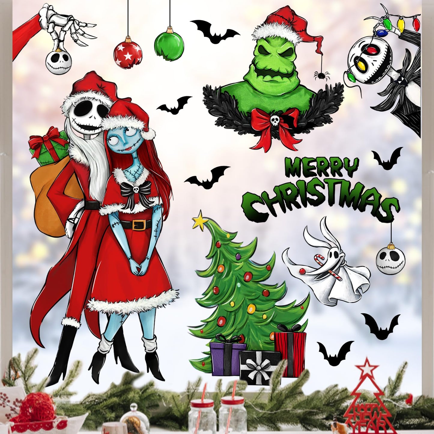 Mfault 121 PCS Merry Christmas Nigh.tmare BEF.ore Christmas Window Clings 9 Sheets, Jack Sally Xmas Tree Skull Stickers Decal Decoration, 2025 New Year Home Kitchen Winter Holiday Decor