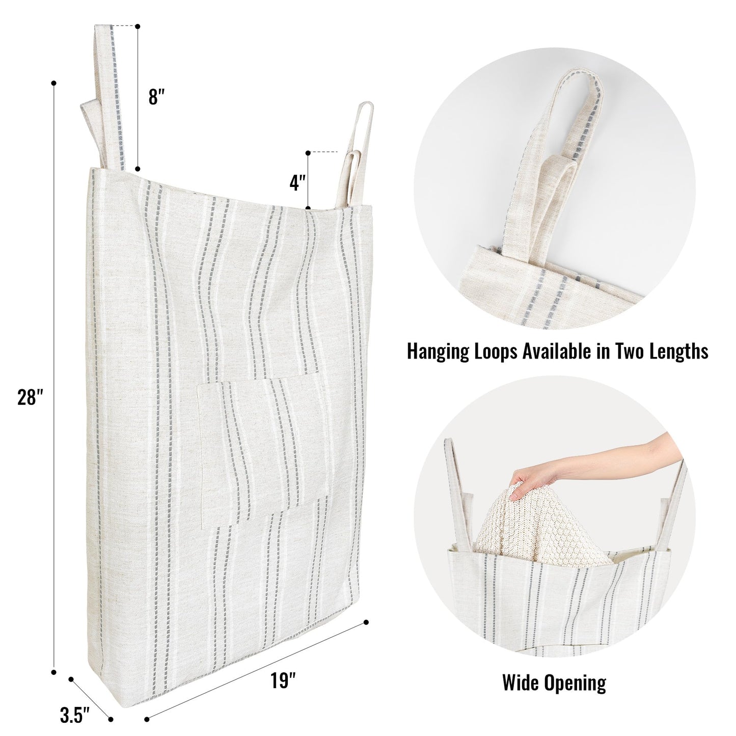 AELS Farmhouse Hanging Laundry Hamper with 2 Hooks, Boho Beige & Gray Stripes Laundry Bag with Zipper & Wide Open Top, Over the Door Organizer for Dirty Clothes, Washable Space Saving Storage