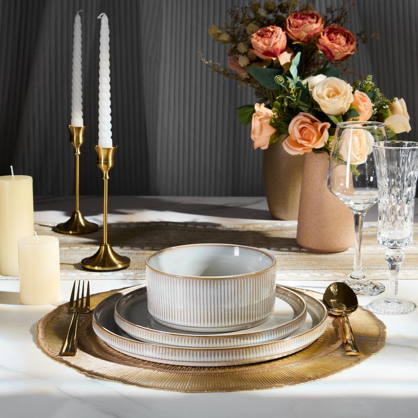 E-far 12-Piece Plates and Bowls Sets, Stoneware Dinnerware Dishes Sets for 4, Kitchen Modern Dining Dishware, Chip & Scratch Resistant, Microwave & Dishwasher Safe, Creamy Beige