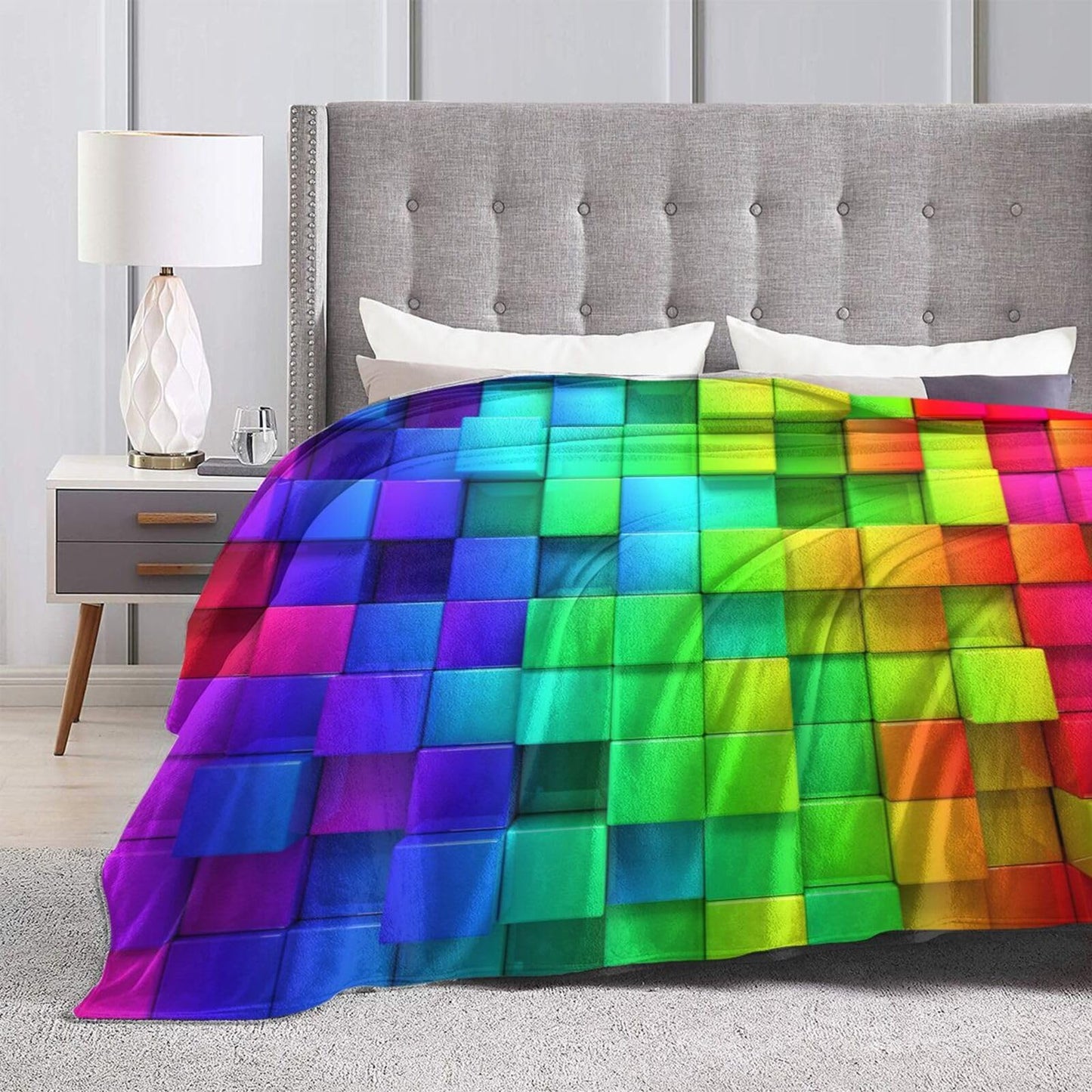 Gbuzozie Rainbow Colorful Boxes Pattern Fleece Blanket Lightweight Ultra-Soft Throw Blanket for Sofa Couch Bed Camping Travel - Super Soft Cozy Microfiber Blanket 50"X40"