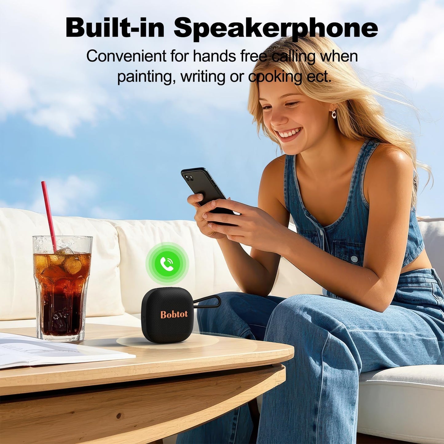 Bobtot Portable Bluetooth Speakers, Wireless IPX7 Waterproof Mini Speaker with 16H Playtime, Loud Stereo Sound, TWS, Built-in Microphone, Small Size with Lanyard, Black