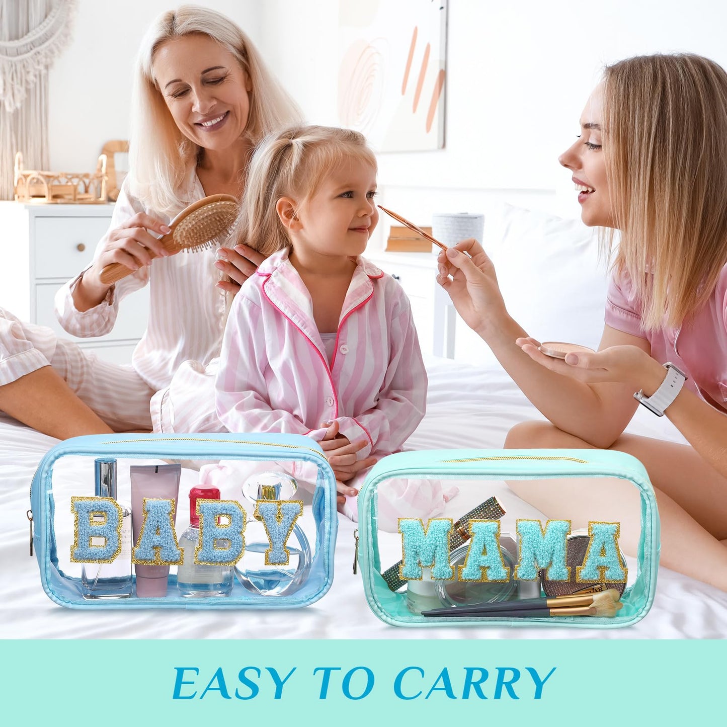 SilTriangle 4 Pcs Mama and Baby Toiletry Bag Clear Chenille Letter Pouch Snacks Makeup Stuff Travel Diaper Bag Preppy Transparent Pouch with Zipper for Women Gift(Fresh Color)