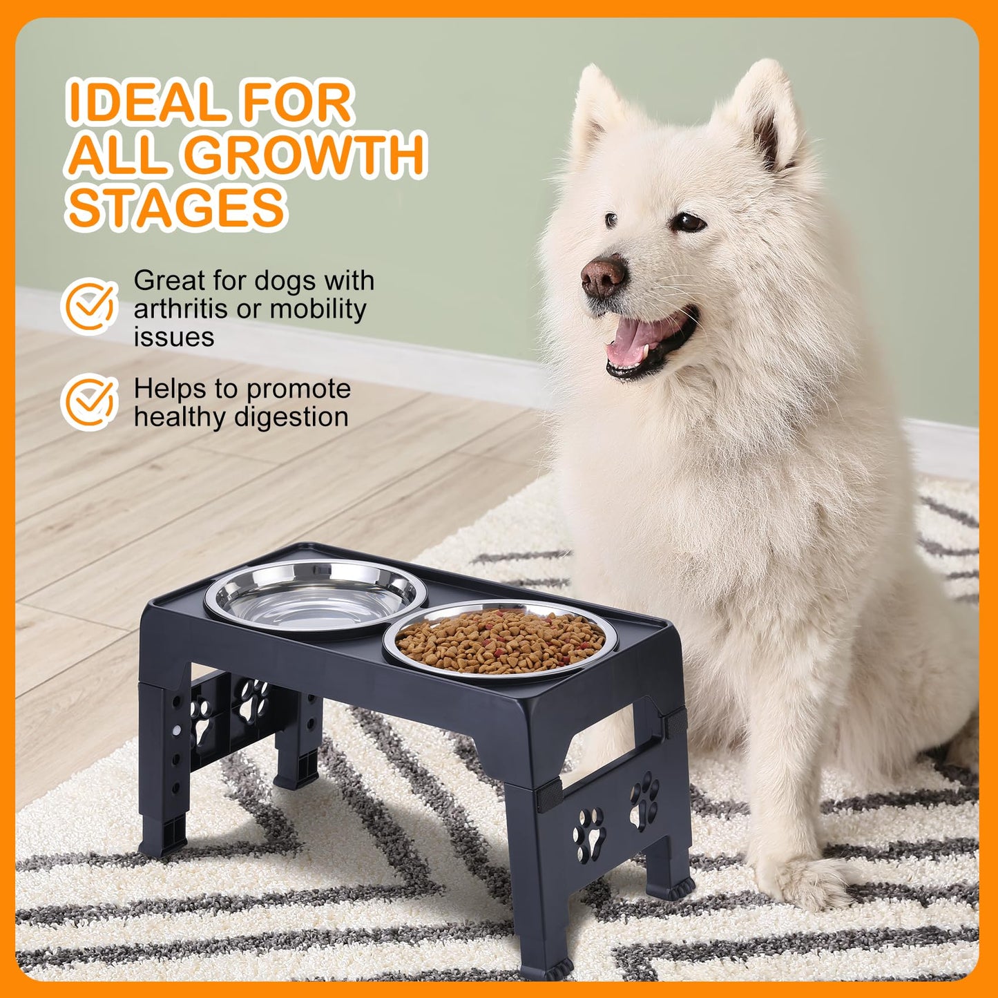 LALOBLUE Elevated Dog Bowls, Raised Dog Bowl with 2 Stainless Steel Dog Food Bowls, Dog Bowls Stand Adjusts to 5 Heights 2.95", 8.46", 9.65", 10.82", 12.01" for Small Medium Large Dogs Cats Pets,Black