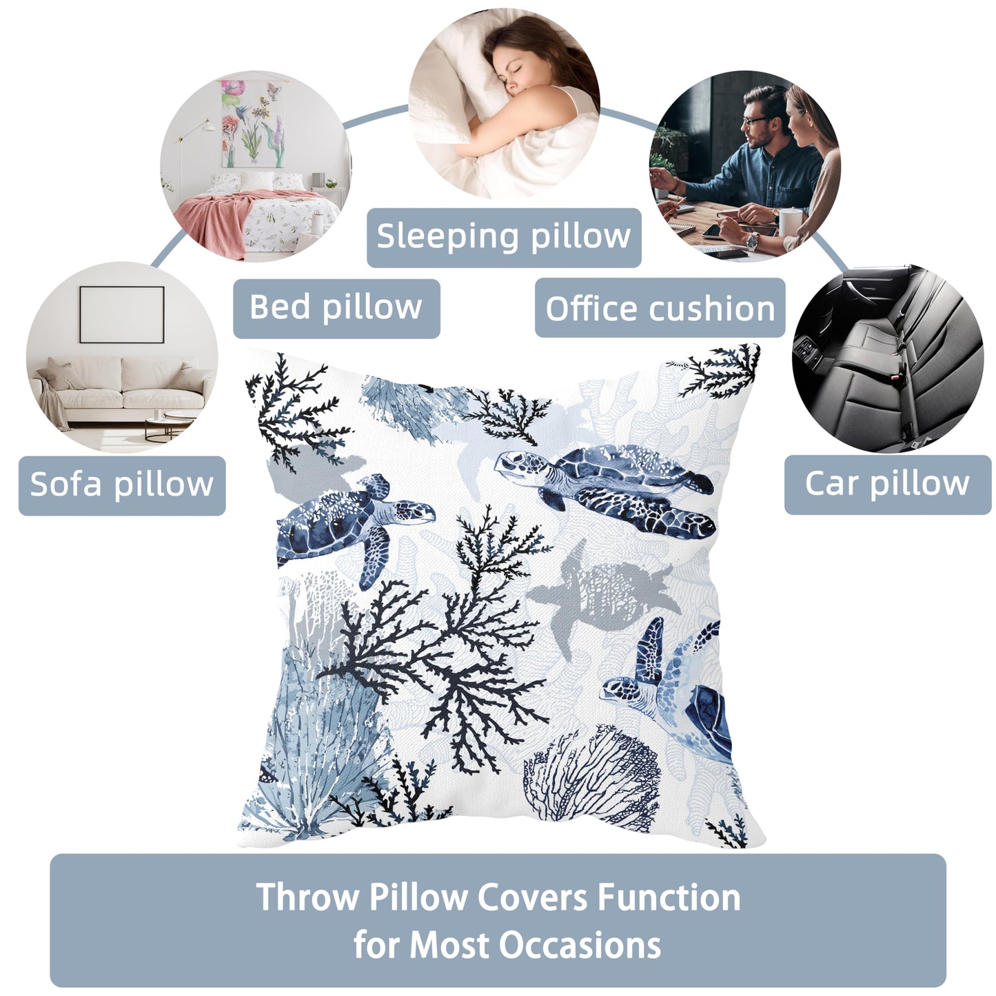 weesire Nautical Coastal Throw Pillow Covers Set of 2 Beach Themed Ocean Coral Sea Turtle Decorative Pillow Cases Outdoor Sofa Cushion Cover for Bedroom Living Room, 18x18, Blue