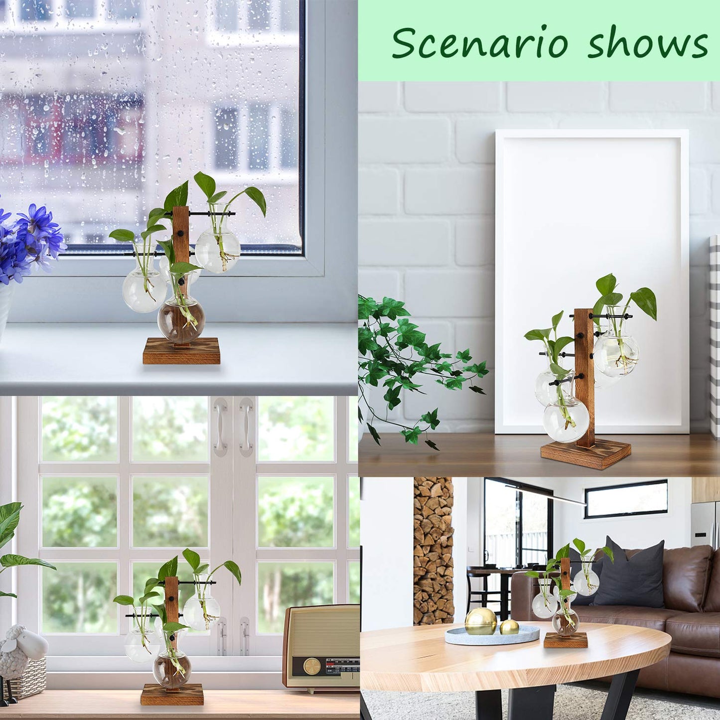PAG Planter Terrariums Kit Desktop Hydroponics Air Plant Holder with 4 Bulb Beaker Glass Vase and Solid Wood Stand, Home Office Decoration Gardening Gift for Women