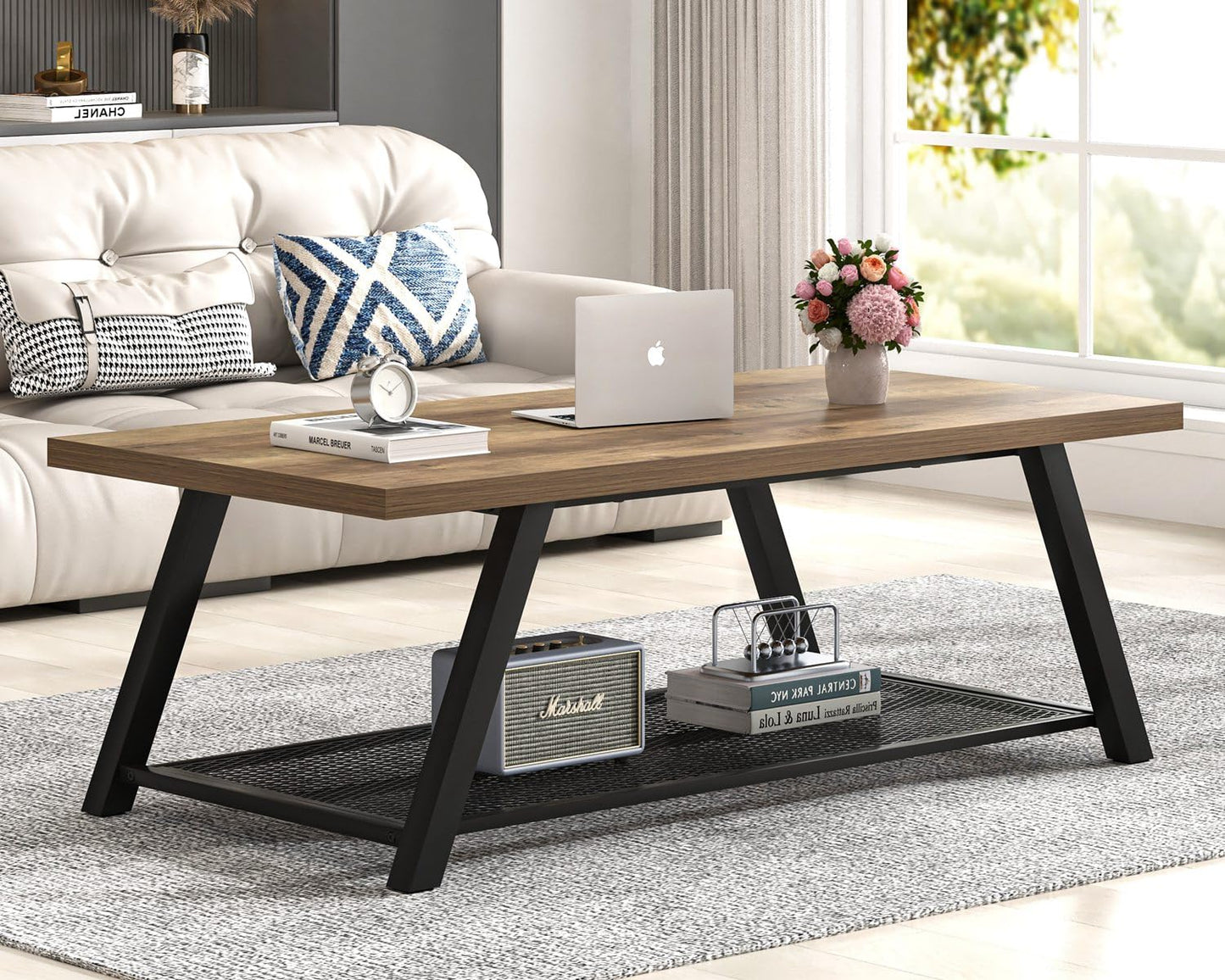 FOLUBAN Coffee Table, Modern Rustic Wood and Metal Center Table with Storage, Industrial Cocktail Tea Table for Living Room, Oak, 47 Inch