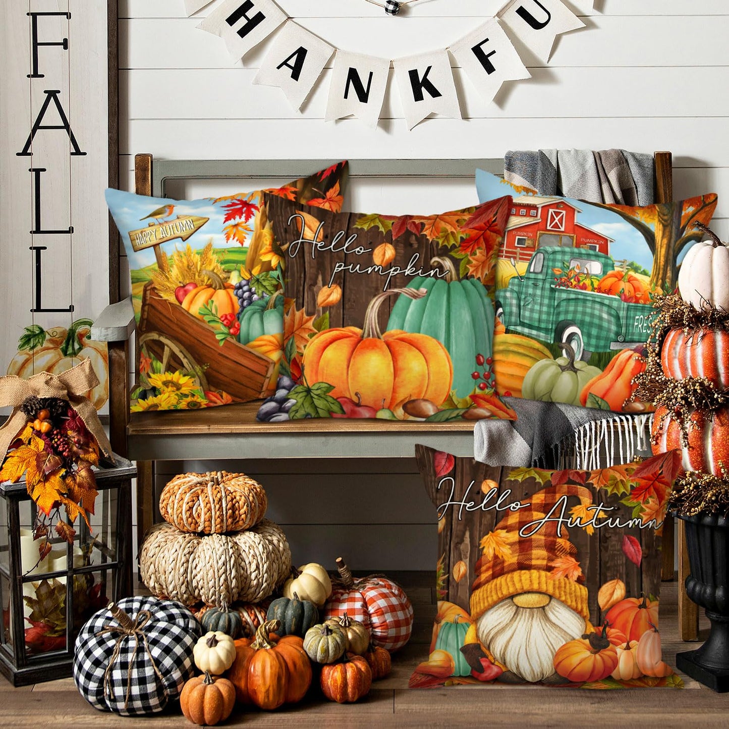 Ywlake 18x18 Fall Pillow Covers Set of 4, Pumpkin Gnomes Decorative Holiday Pillow Case 18 Inch Autumn Cushion Covers Thanksgiving Pillowcase for Indoor Home Bedroom Couch Sofa Decor