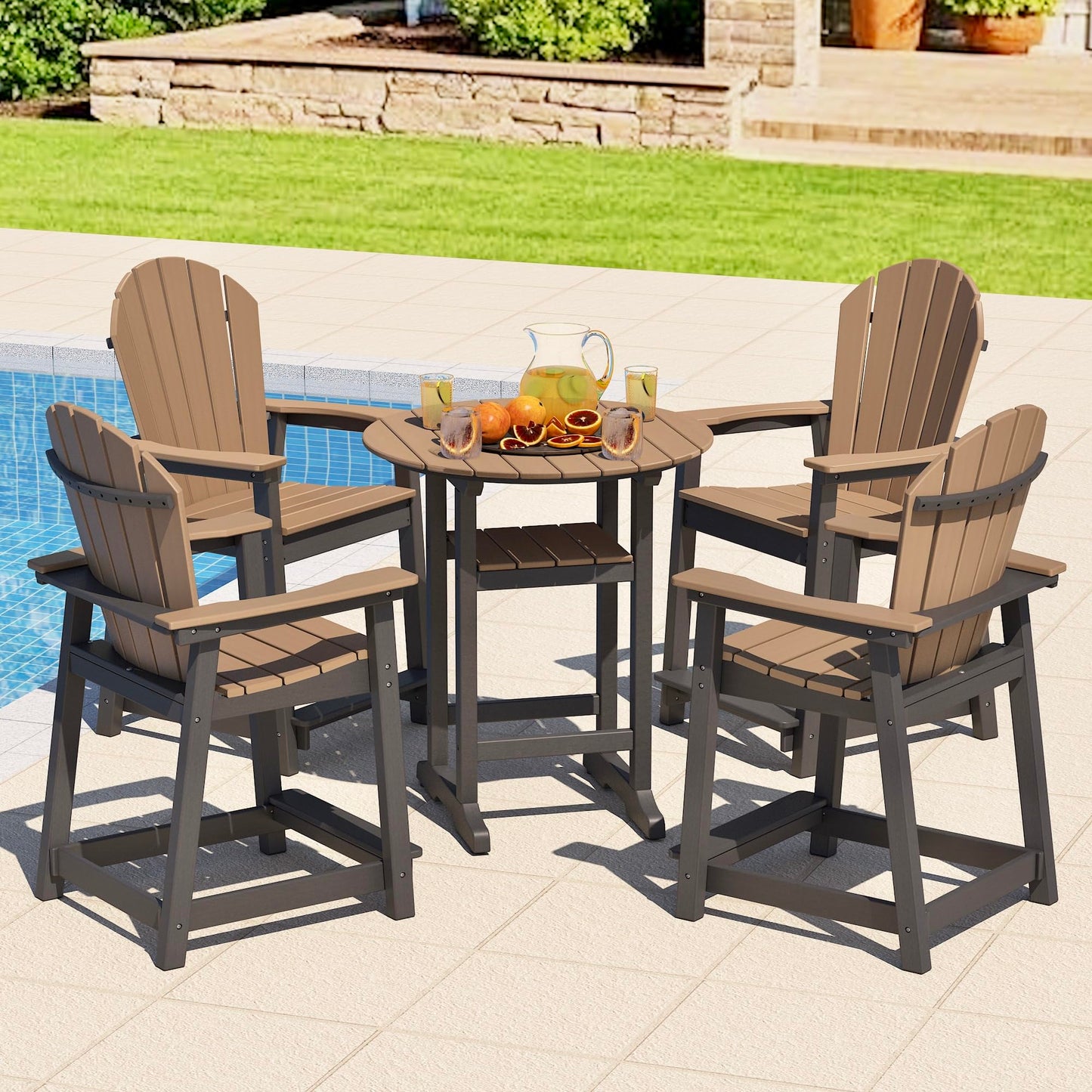 OTSUN Outdoor Tall Adirondack Chairs Set of 2, Patio Bar Stool Chair with High Back, 400lbs, Widened Arms, All-Weather Balcony Chair for Backyard, Garden, Yard - Black Brown