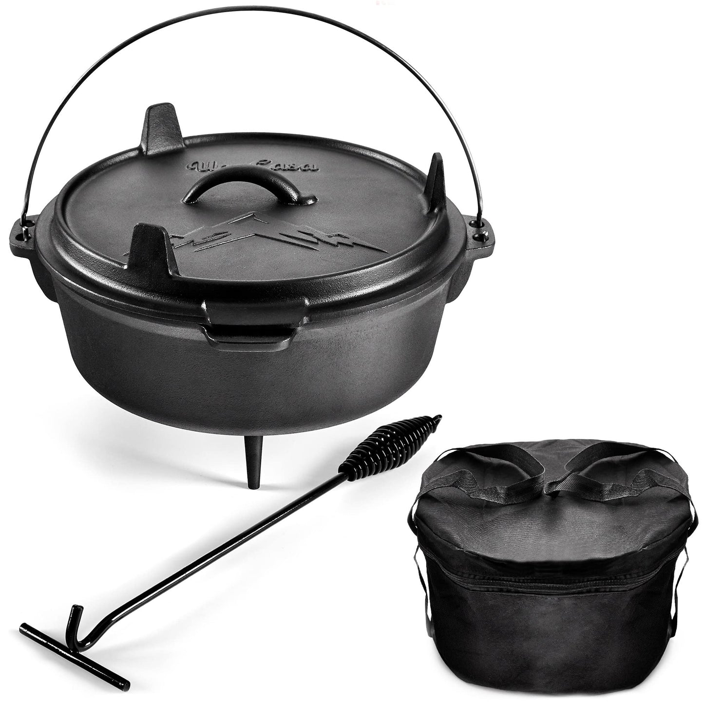 Uno Casa 6Qt Cast Iron Camping Dutch Oven with Lid Lifter and Storage Bag - Pre-Seasoned Outdoor Dutch Oven for Campfire Cooking, Stews, and Baking - Durable Cast Iron Pot for Camping and Hiking