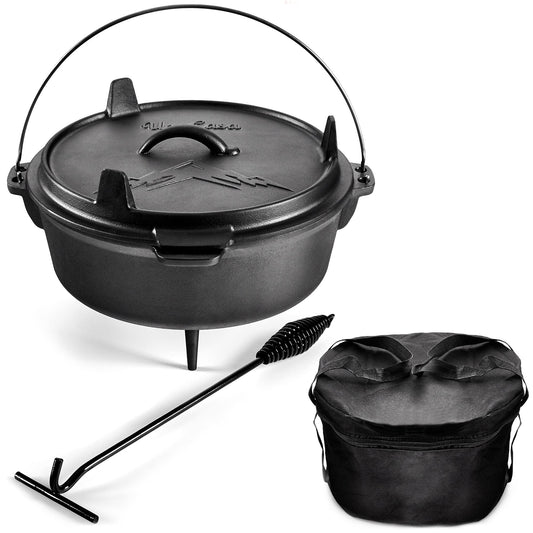 Uno Casa 6Qt Cast Iron Camping Dutch Oven with Lid Lifter and Storage Bag - Pre-Seasoned Outdoor Dutch Oven for Campfire Cooking, Stews, and Baking - Durable Cast Iron Pot for Camping and Hiking