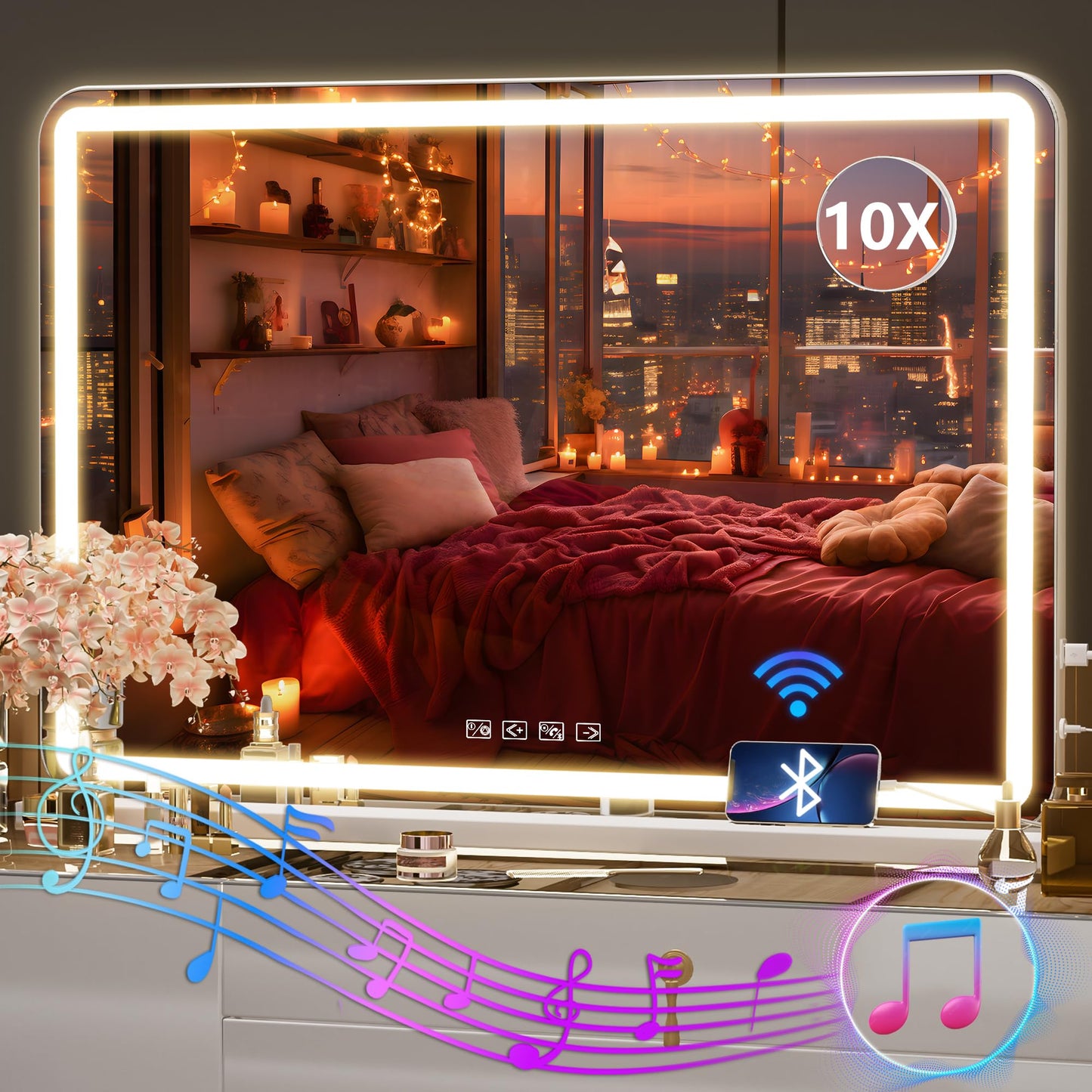 Hasipu Vanity Mirror with Lights, 32" x 22" LED Makeup Mirror, Lighted Makeup Mirror with Dimmable 3 Modes, Touch Screen Control Vanity Mirror Square White