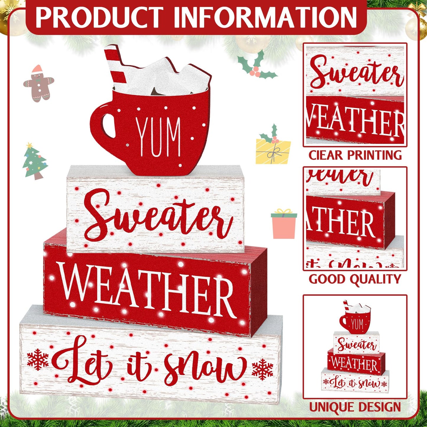 Marsui 4 Pcs Christmas Wooden Tabletop Decor Neutral Christmas Decor Rustic Wooden Hot Cocoa Block Sign Cozy Winter Decorations Gift Farmhouse Xmas Table Centerpiece for Home Office Desk Tiered Tray