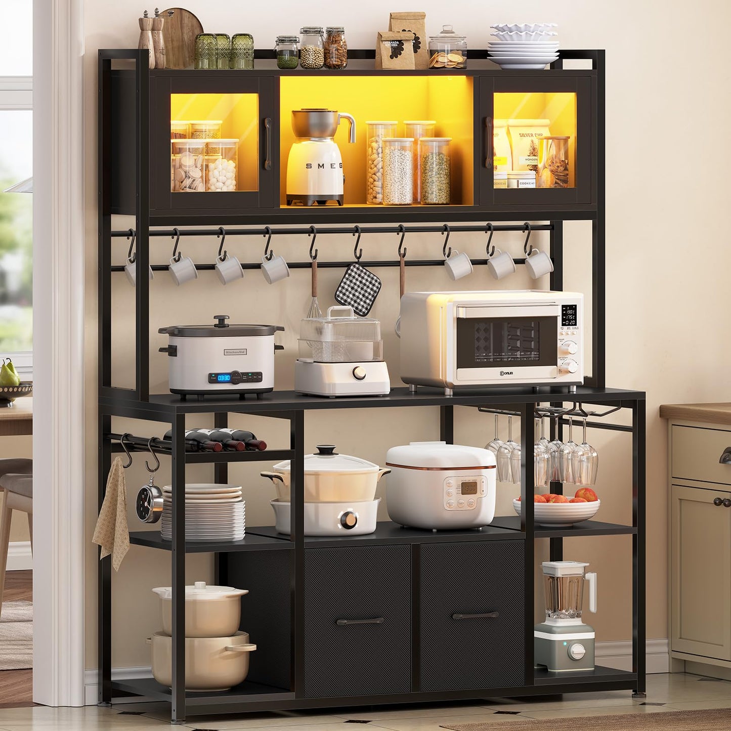 Itaar 47.2 Inch Coffee Bar Cabinet with Power Outlet, Farmhouse Bakers Rack with Storage, Kitchen Microwave Stand with Wine Rack, LED Light, Glass Cabinet, Goblet Holder and 12 Hooks (Black)