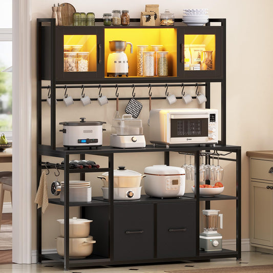 Itaar 47.2 Inch Coffee Bar Cabinet with Power Outlet, Farmhouse Bakers Rack with Storage, Kitchen Microwave Stand with Wine Rack, LED Light, Glass Cabinet, Goblet Holder and 12 Hooks (Black)
