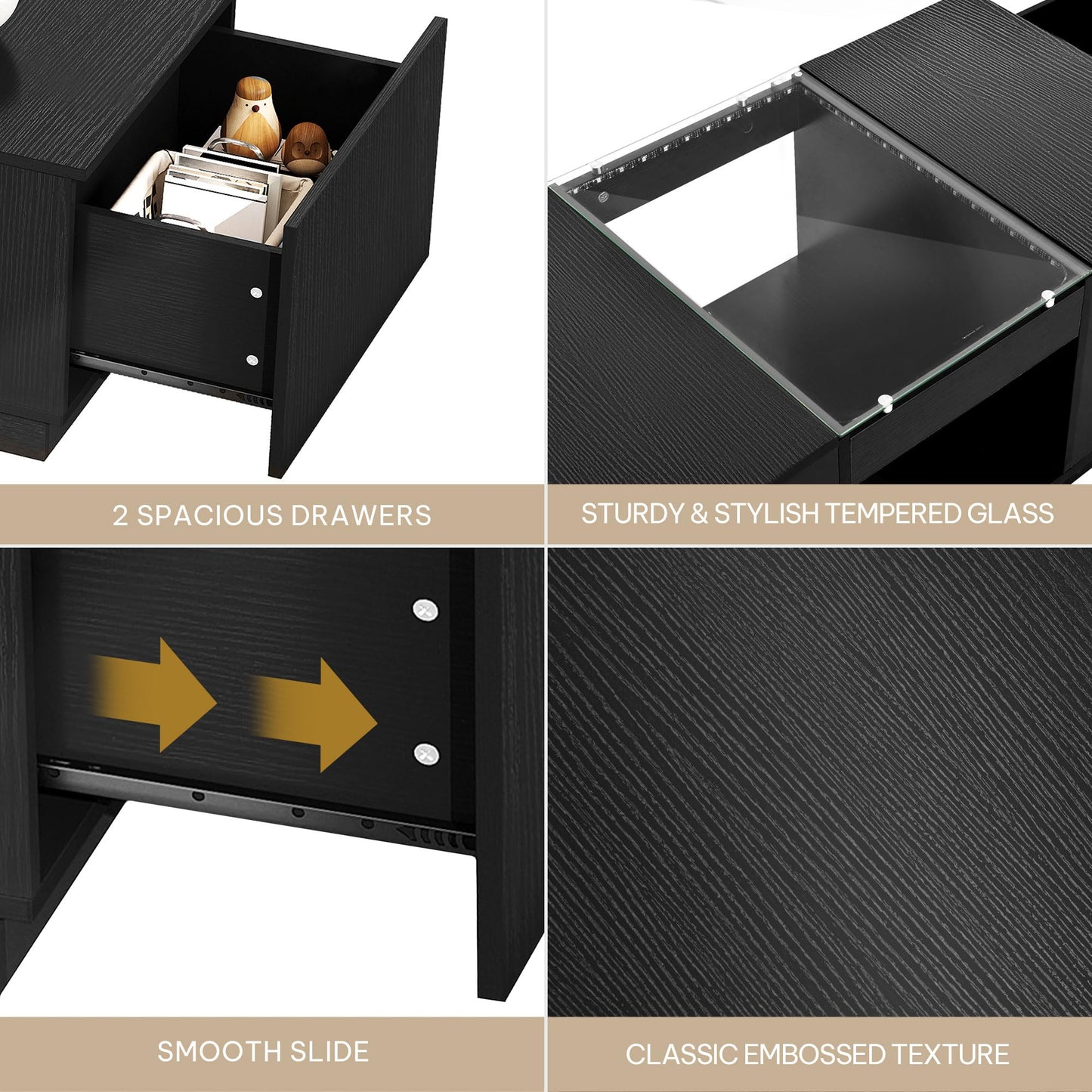 YITAHOME Modern Coffee Table with LED Lights, Rectangle Coffee Table with 2 Large Drawers, Spacious Glass Coffee Table, Upscale Large Living Room Table with Power Outlets and Remote Control, Black