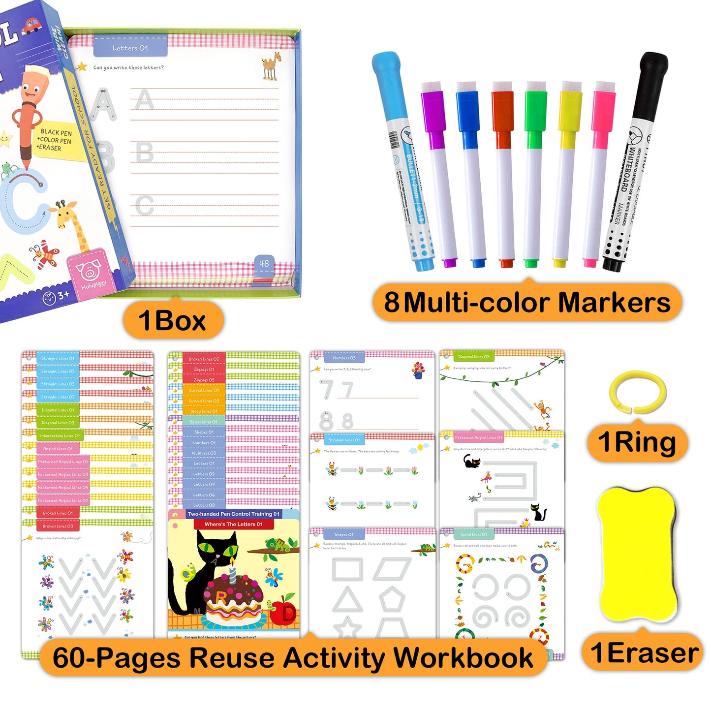 Hulupiggy Preschool Learning Activities 60 Reusable Pages, Tracing Letter Number Handwriting Practice Book for Kids, Montessori Autism Educational Fine Motor Toddler Learning Toys for 3 4 5 Year Olds