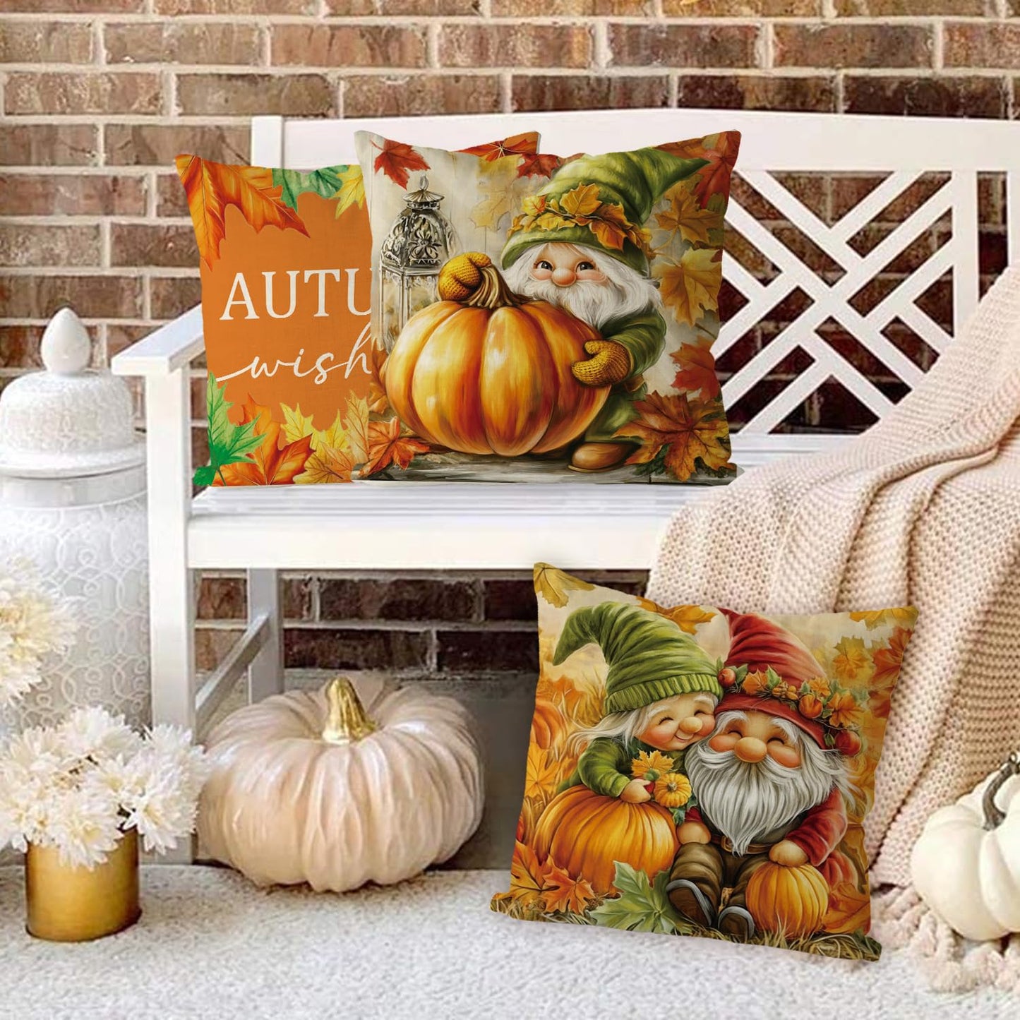 GAGEC Fall Pillow Covers 18x18 Inch Set of 4 Gnomes Pumpkin Maple Leaves Decorative Throw Pillow Covers Harvest Autumn Pillowcase for Farmhouse Home Sofa Living Room Decor