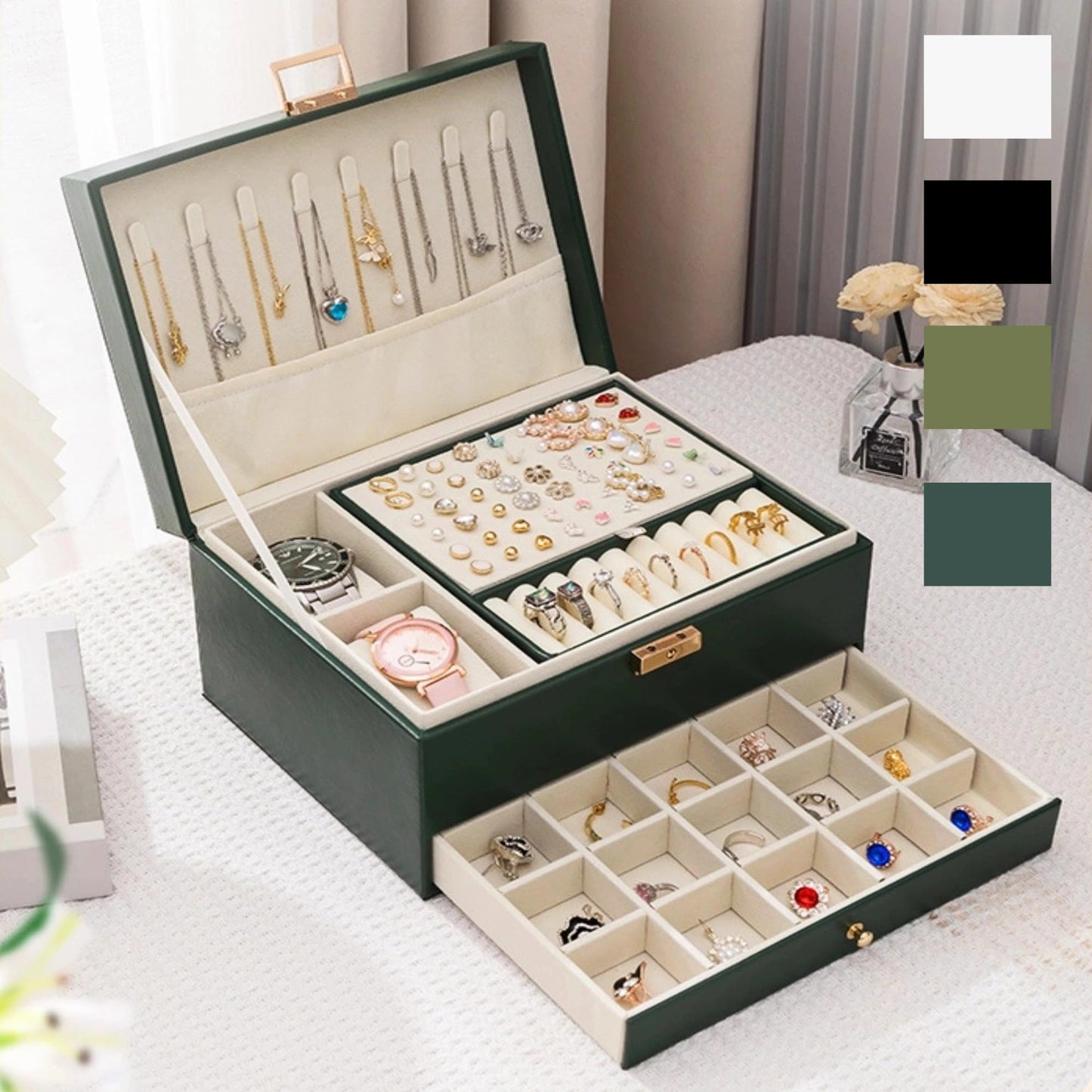 Acasimo Jewelry Box for Women Girls, 3 Layers Large Jewelry Organizer Storage Case with Lock Removable Tray, Jewelry Organizer Box Display for Ideal Gift Earring Necklace Bracelet Ring Watches