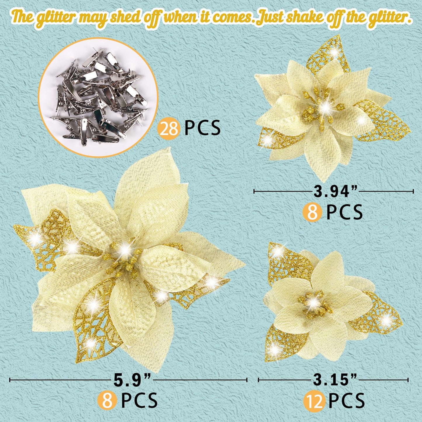Geefuun 28PCS Christmas Tree Decorations: Poinsettias Artificial Flowers Ornaments Xmas Gold Glitter Flower with Clips