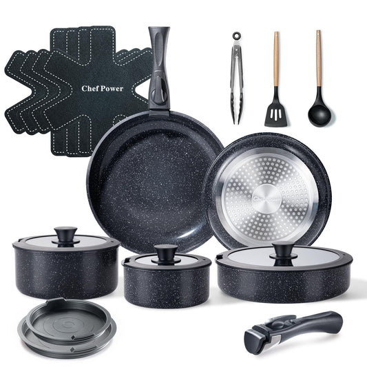 Chef Power Ceramic Nonstick Cookware Set 19 Piece with Detachable Handle, Induction Dishwasher Oven Safe Pans and Pots Set, RV Kitchen Set Removable Handle, Rock Stone Black