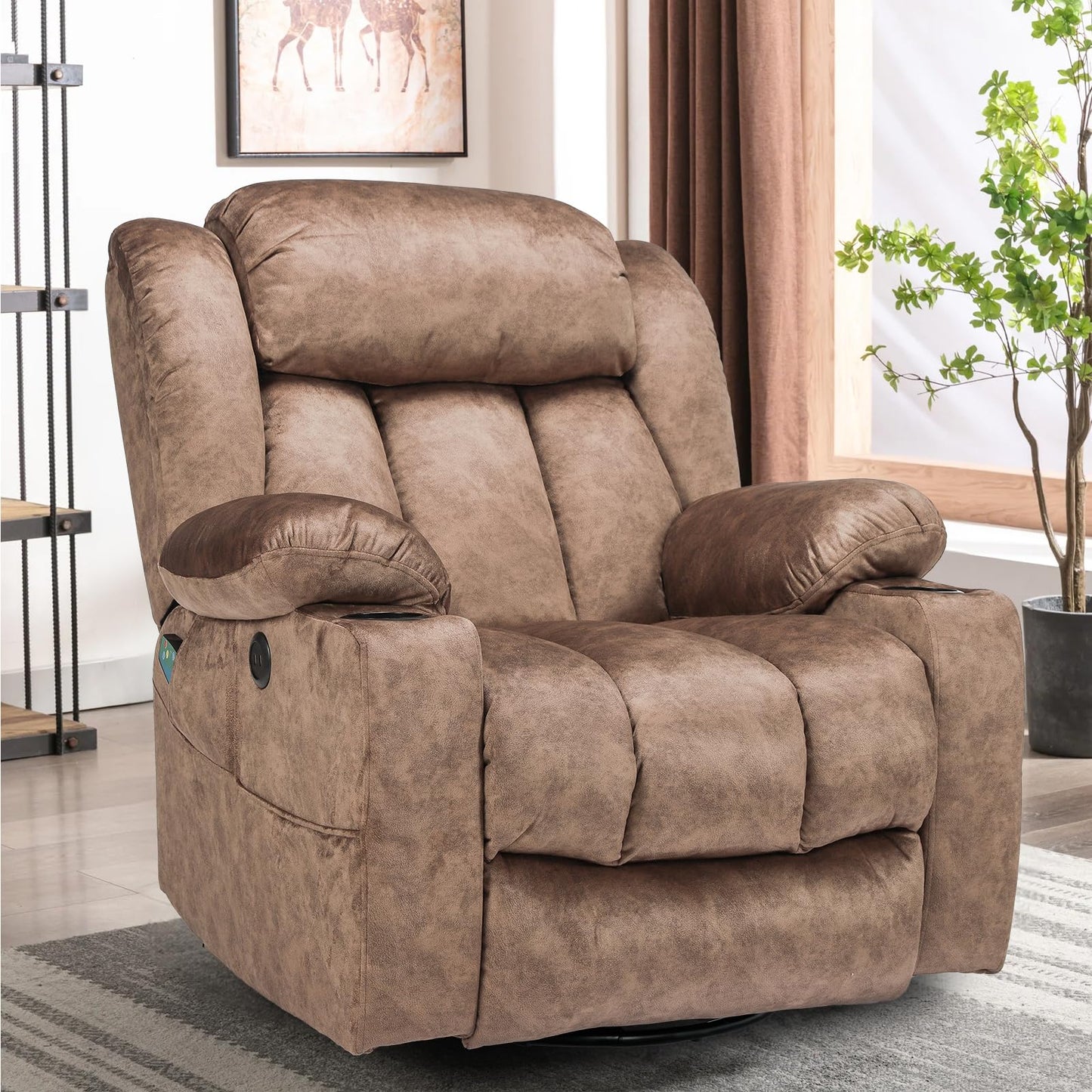 W WARMHOL 360° Swivel Glider Rocking Recliner Chair, Overstuffed Manual Massage Recliner with Heat and Vibration, Single Modern Sofa Home Seating for Living Room, Cup Holders/USB Ports (Plush-Brown)