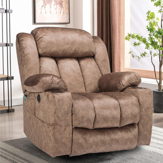 W WARMHOL 360° Swivel Glider Rocking Recliner Chair, Overstuffed Manual Massage Recliner with Heat and Vibration, Single Modern Sofa Home Seating for Living Room, Cup Holders/USB Ports (Plush-Brown)