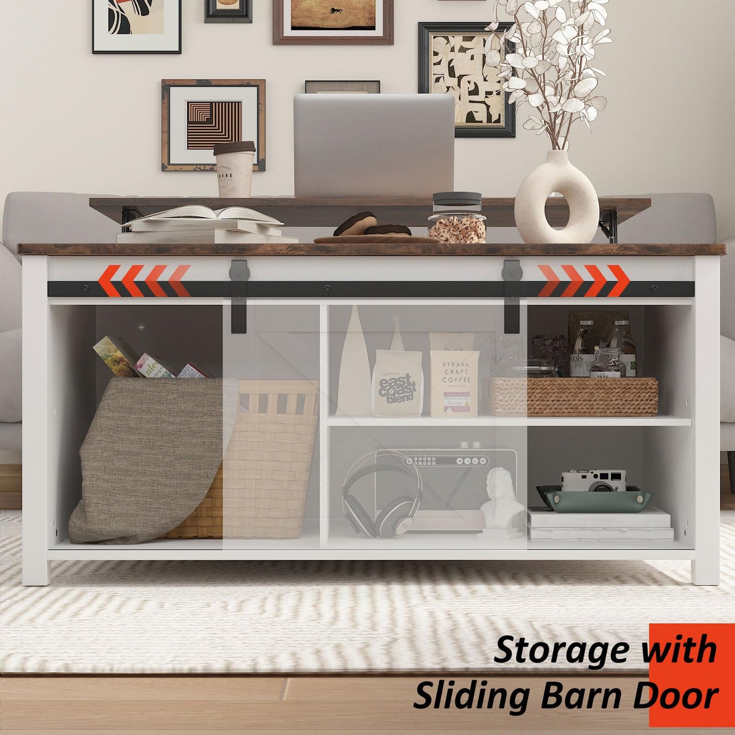 PUKAMI Lift Top Coffee Table with Storage, 31.5" Farmhouse Coffee Table for Living Room, Square Coffee Tables with Large Hidden Storage and Sliding Barn Doors, White