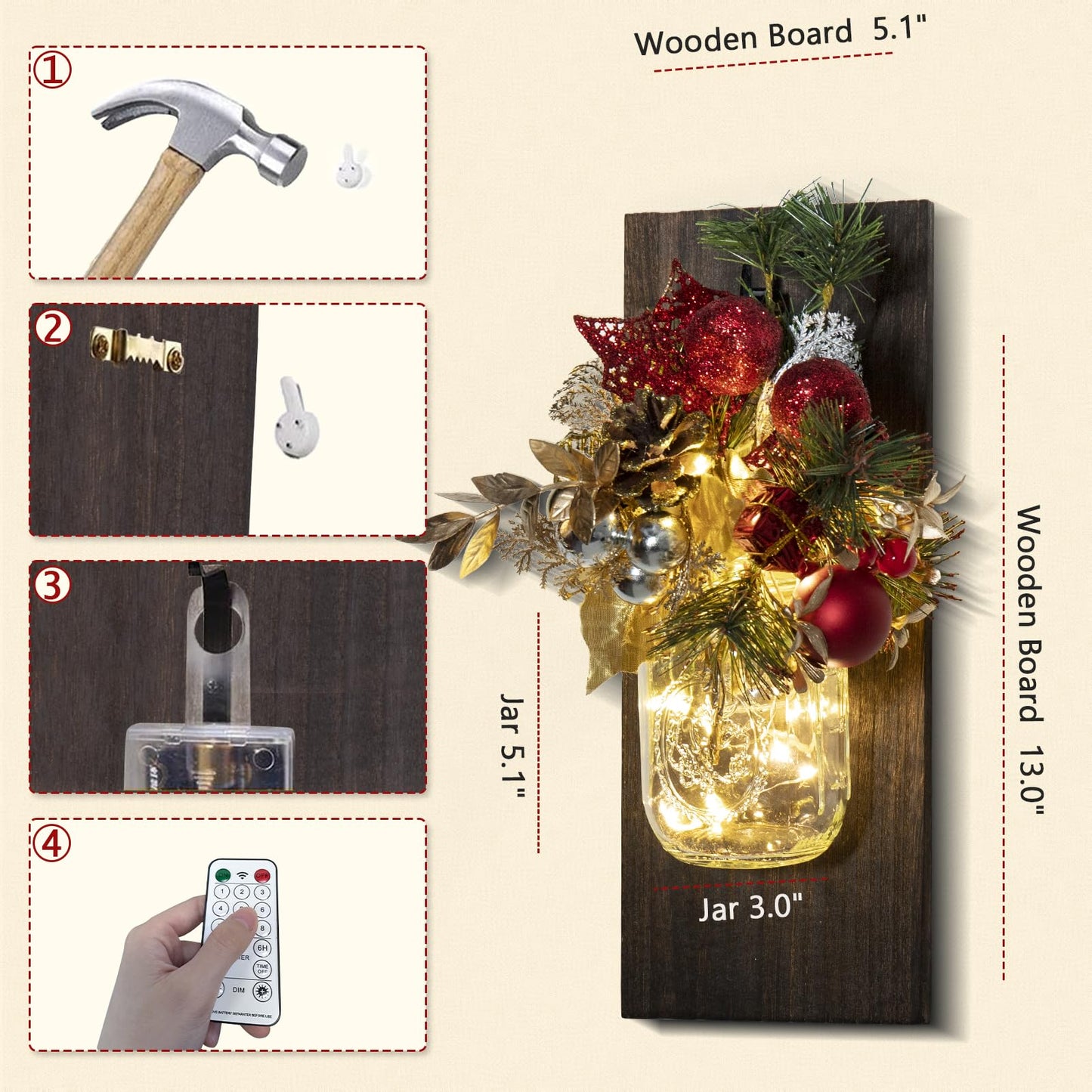 TqsMsp 2Pcs Christmas Mason Jar Wall Sconces, Handmade Rustic Wall Sconces with Remote Control Timer LED Fairy Lights and Red Berry Flowers, Hanging Mason Jar for Xmas Rustic Home Wall Decor (Gold)