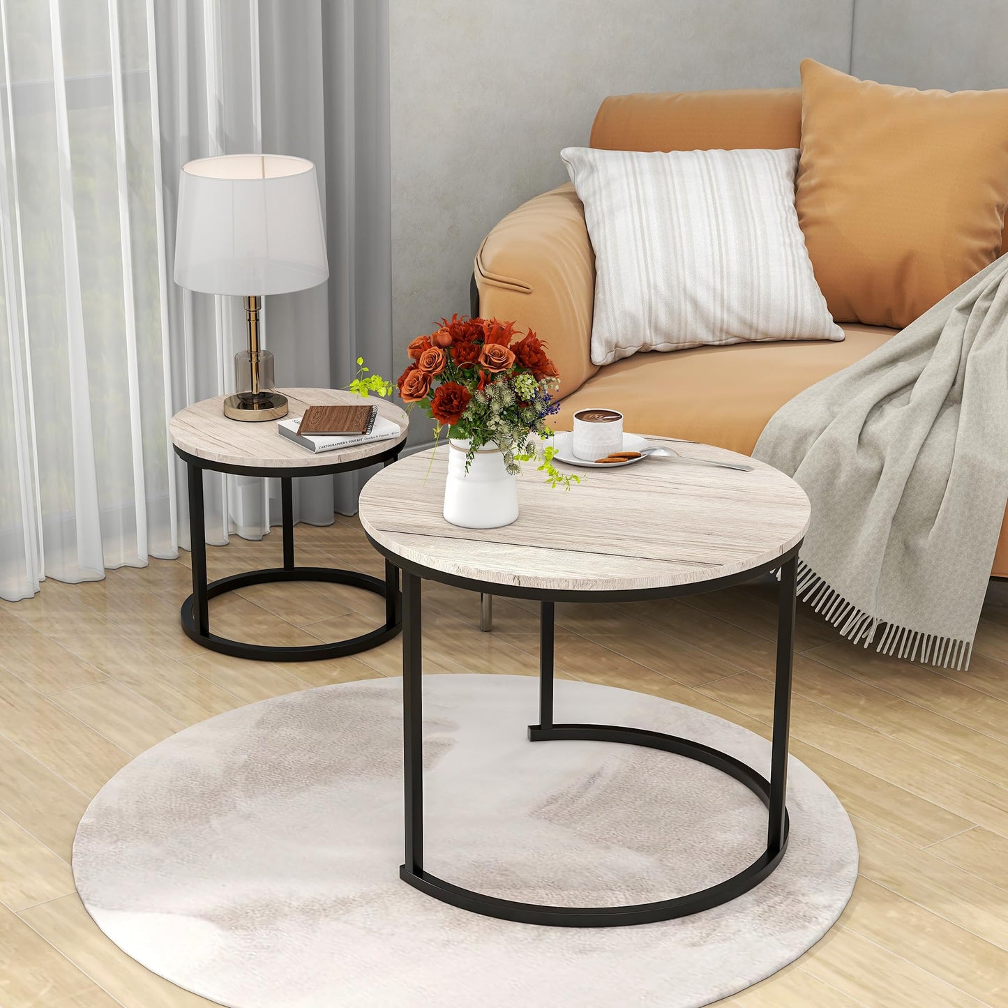 HOJINLINERO Round Coffee Table Set of 2 for Living Room,Black Small Coffee Table Living Room Table,Nesting Tables Metal Frame/Wood,Sturdy and Easy Assembly,Stacking Side Tables Bedroom,White Oak