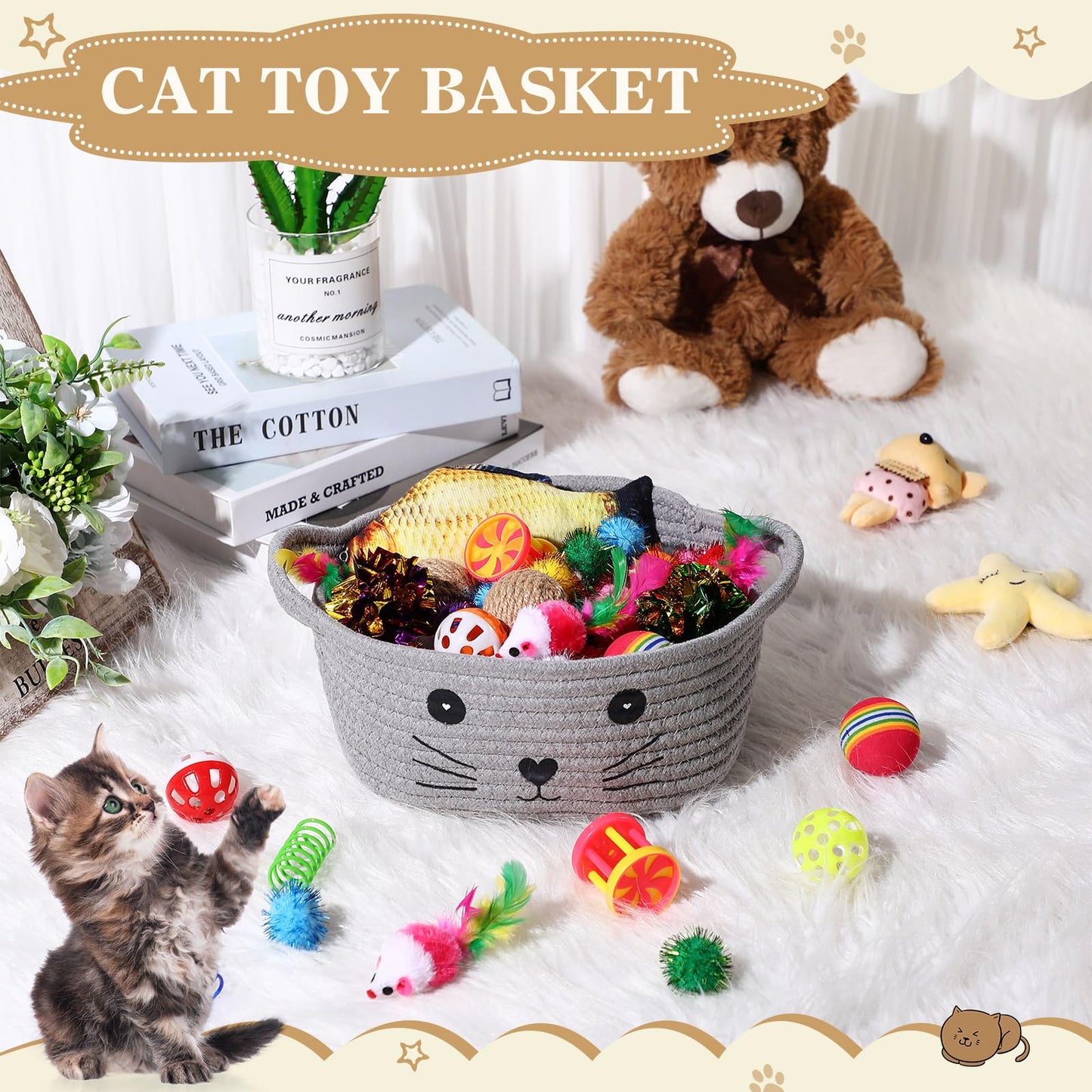 Zopeal 58 Pcs Cat Storage Basket Gift Toys Set, Colorful Flashing Balls Pet Bell Crinkle Balls Spring Toys Attract Cat to Swat, Bite, Hunt, Interactive for Pet(Gray)