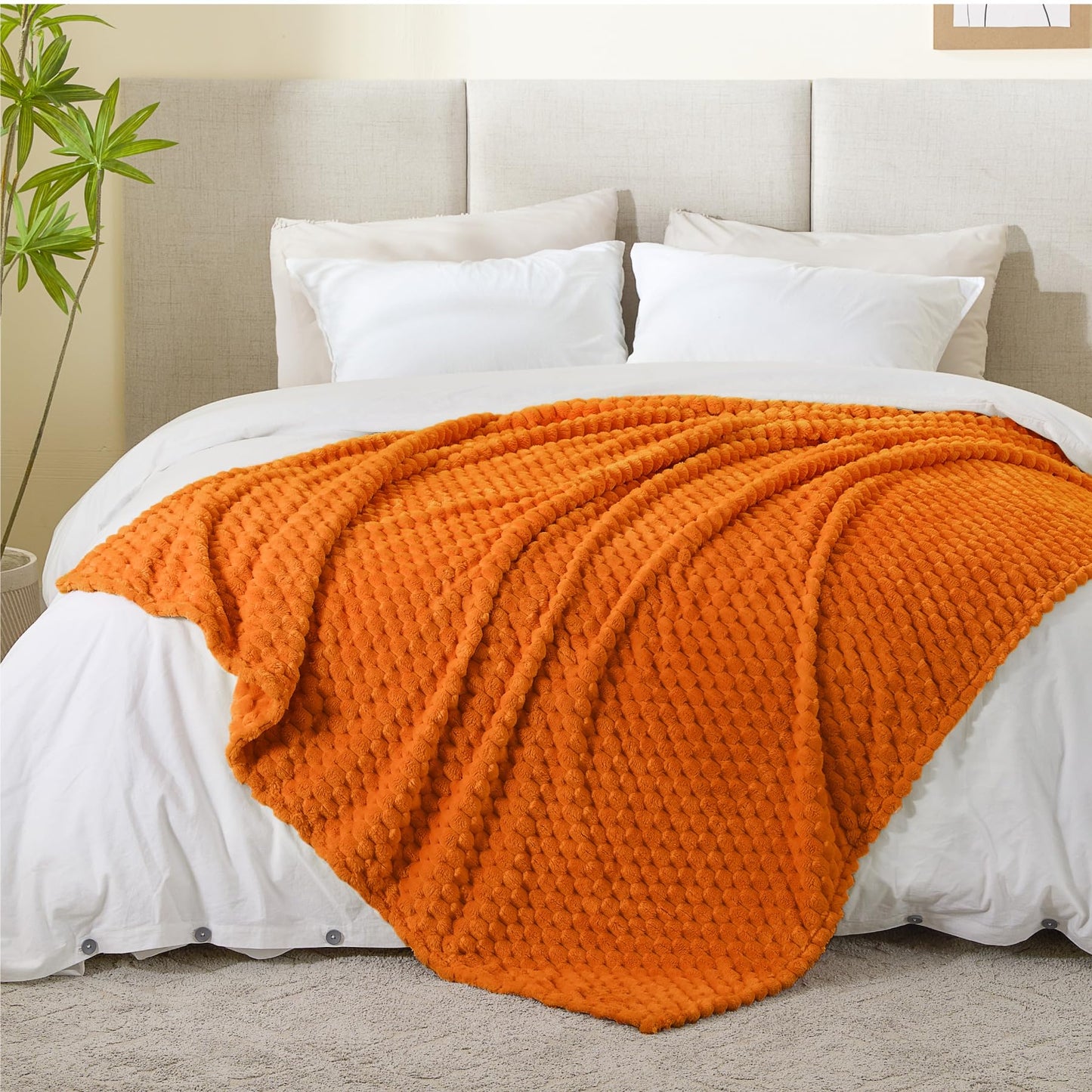 BEDELITE Fall Throw Blanket for Couch & Bed - 3D Jacquard Decorative Orange Blankets, Soft and Cozy Warm Plush Fluffy Fleece Blanket, 50x60Inches