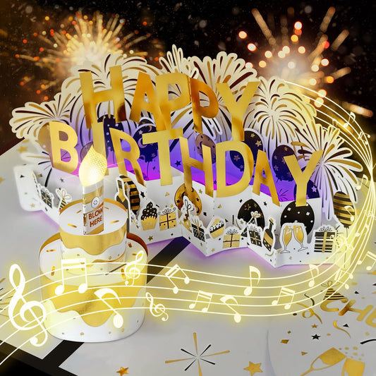 Birthday Card, Musical Birthday Cards with Blowable LED Candle Light Happy Birthday Song Large Birthday Cake Pop up Greeting Cards Birthday Gift Card for Women Men Kids Husband Wife Mom Dad Daughter