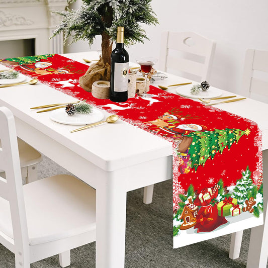 Merry Christmas Table Runner, Linen Christmas Trees Table Runner Red Merry Xmas Table Runner Long Seasonal Winter Holiday Kitchen Dining Table Decoration for Indoor Outdoor Home Party Christmas Decor