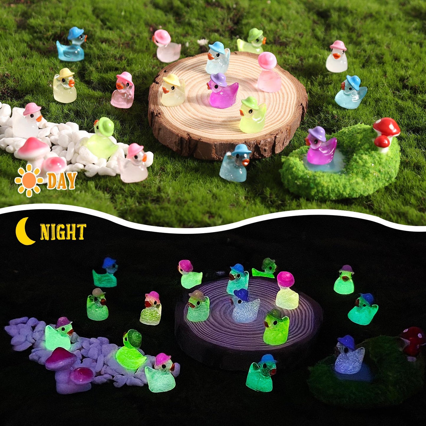 VICROIC 100 PCS Luminous Mini Resin Ducks, Tiny Miniature Duck Figures Wearing Hat Glow in The Dark for Dollhouse, Garden, Micro Landscape, Home Outdoor Party, Aquarium Decor