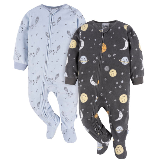Gerber Baby Boy's Toddler Loose Fit Flame Resistant Fleece Footed Pajamas 2-Pack, Space, 3-6 Months