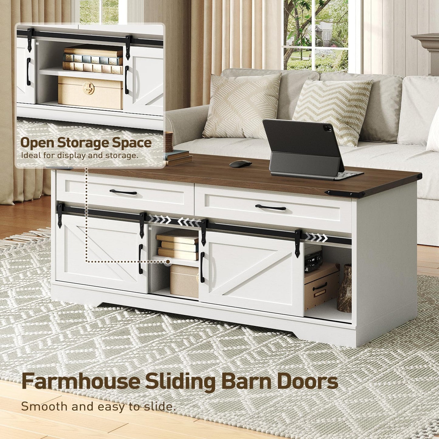 RALGEND 47" Farmhouse Coffee Table with Storage and Sliding Barn Doors, Large Rustic Center Table with 2 Drawers & Open Compartments, Wooden Coffee Table for Living Room, White and Walnut