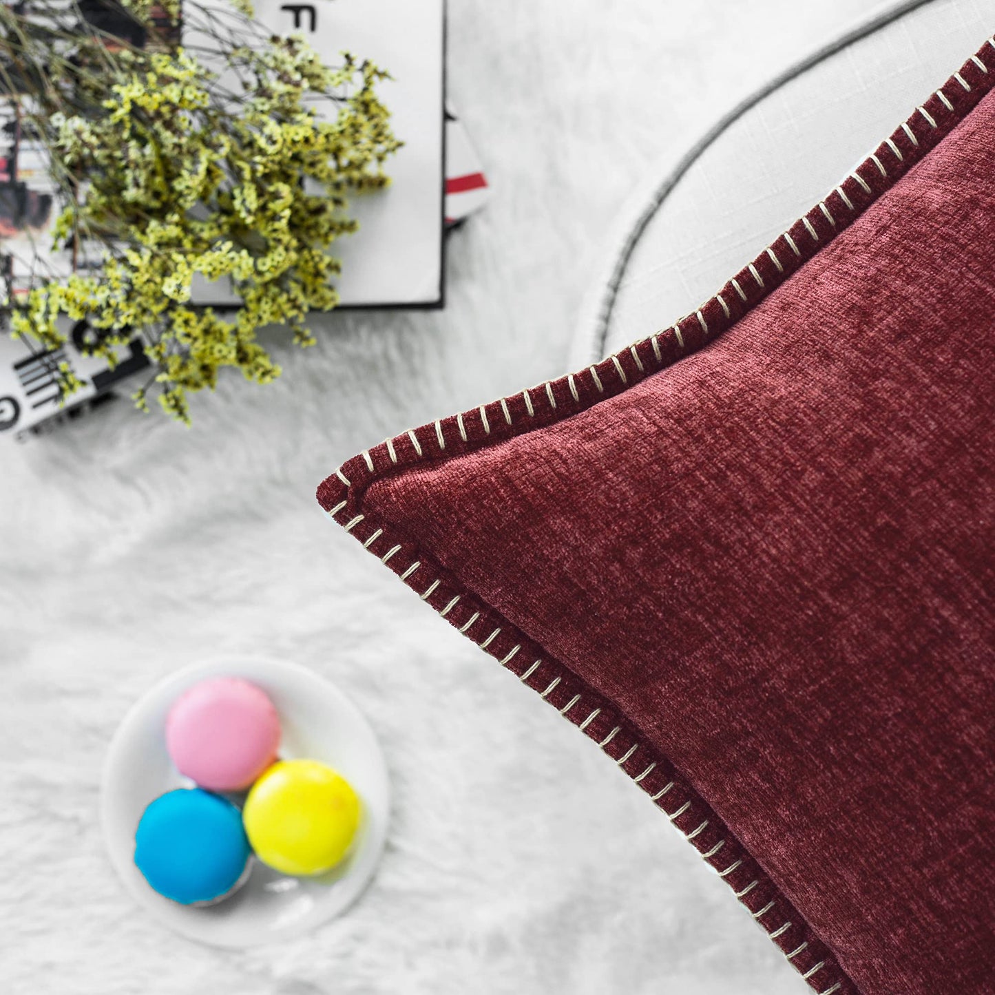 CaliTime Throw Pillow Covers Decorative 12 X 20 Inches Pack of 2 Cotton Thread Stitching Edges Solid Dyed Soft Chenille Cushion Cases for Couch Sofa Bed Living Room Farmhouse Burgundy