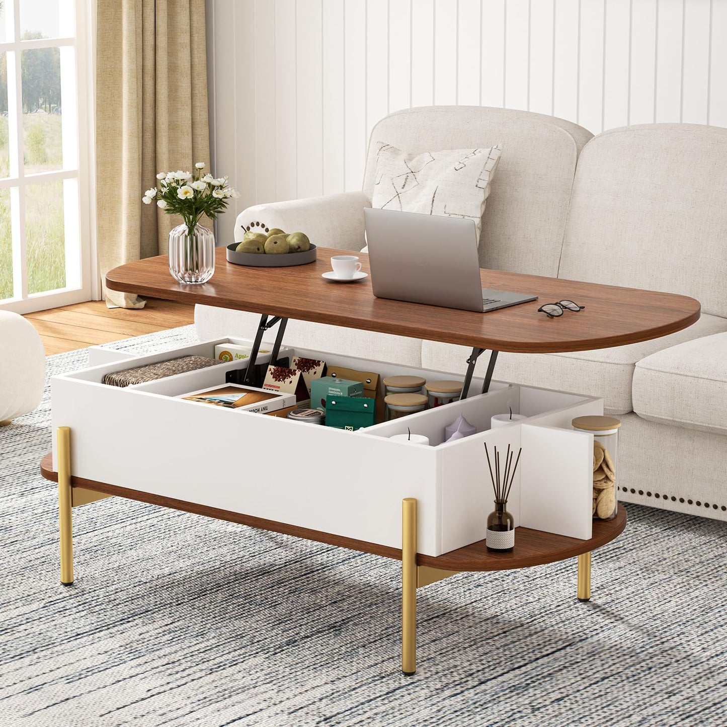 ALLSTAND 48" Oval Lift Top Coffee Table with Storage Metal Legs & Large Hidden Compartment, Coffee Tables with Lifting Top with Open Shelf, Lift Coffee Table with Wooden Lift Tabletop for Living Room