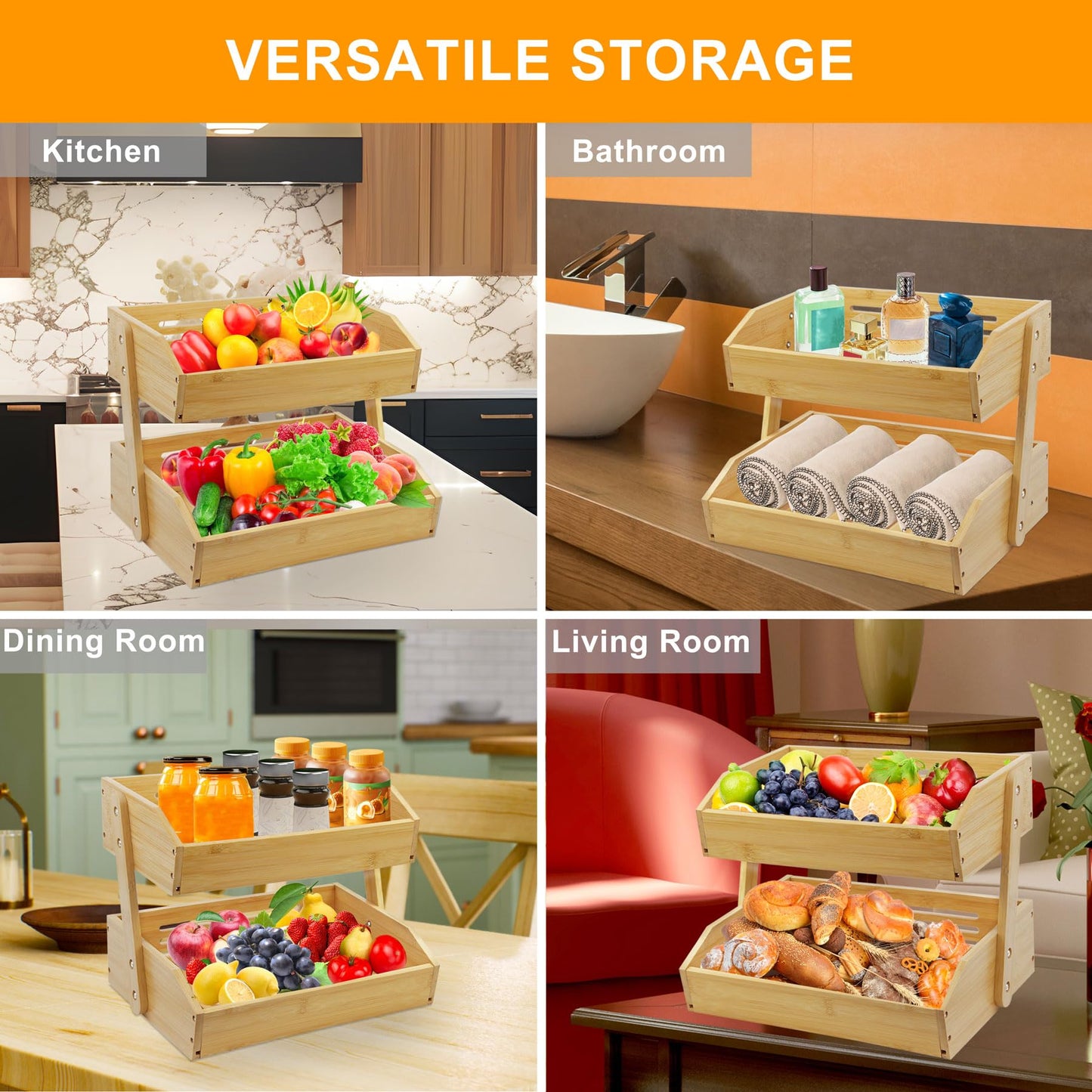 mobzio Fruit Basket Stand, 2 Tier Fruit Basket for Kitchen Counter, Produce Basket for Fruit and Vegetable Storage, Bamboo Basket Fruit Bowl Display Rack, Fruit Holder Snack Organizer